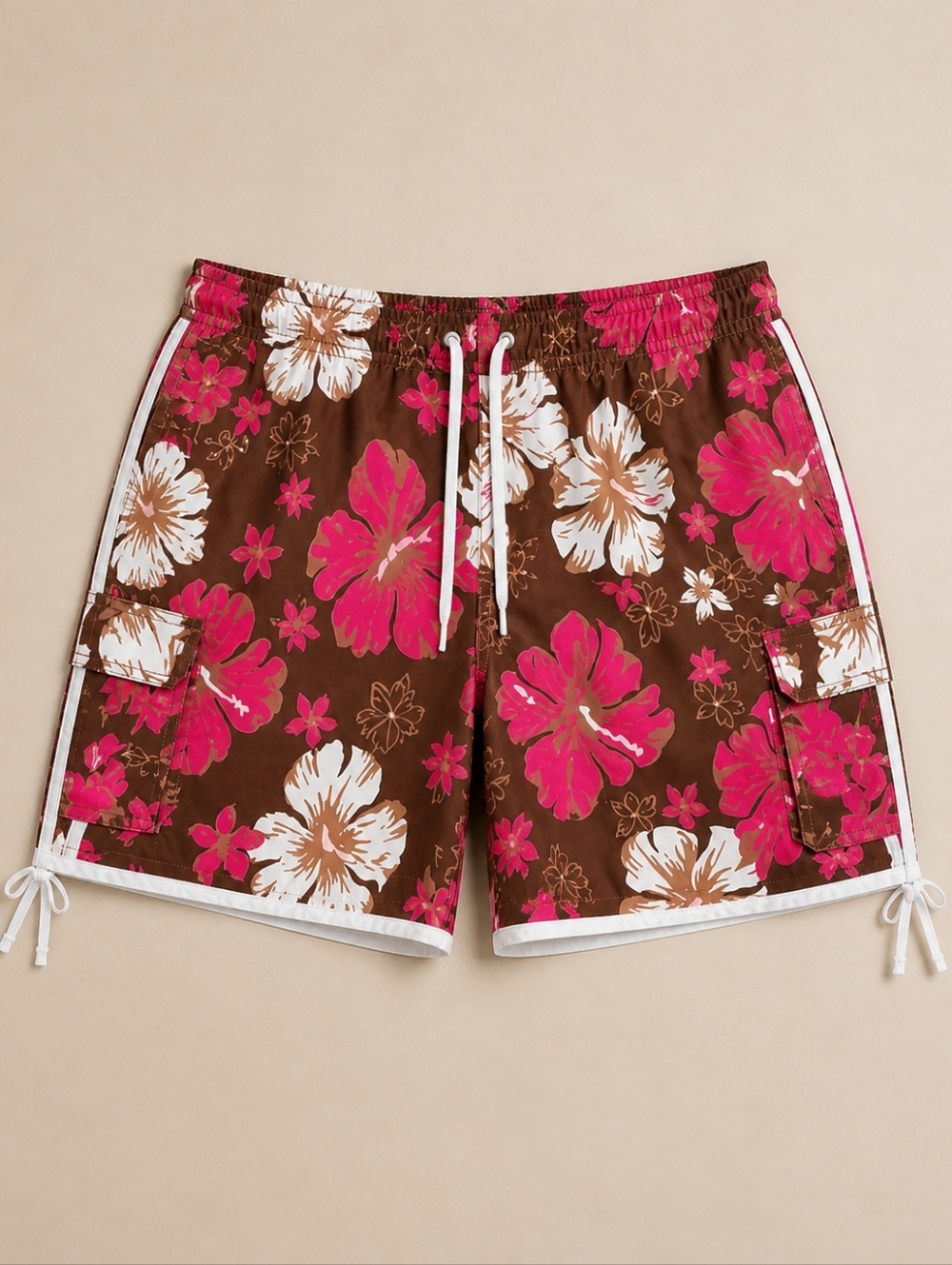 Ingear Mens Cargo Board Shorts Brown Pink Hibiscus Floral Swim Trunks XXL/38 Y2K
